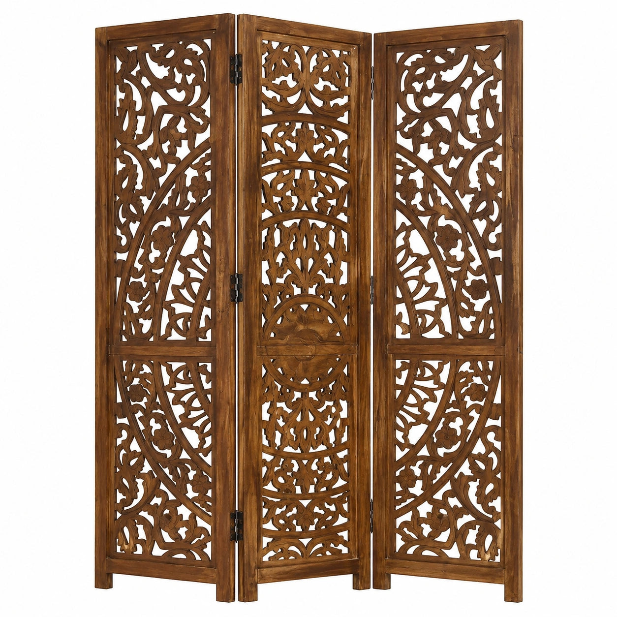 Handgeschnitzter Raumteiler aus Mangoholz, 3-teilig, klappbar, 120x165cm, Braun