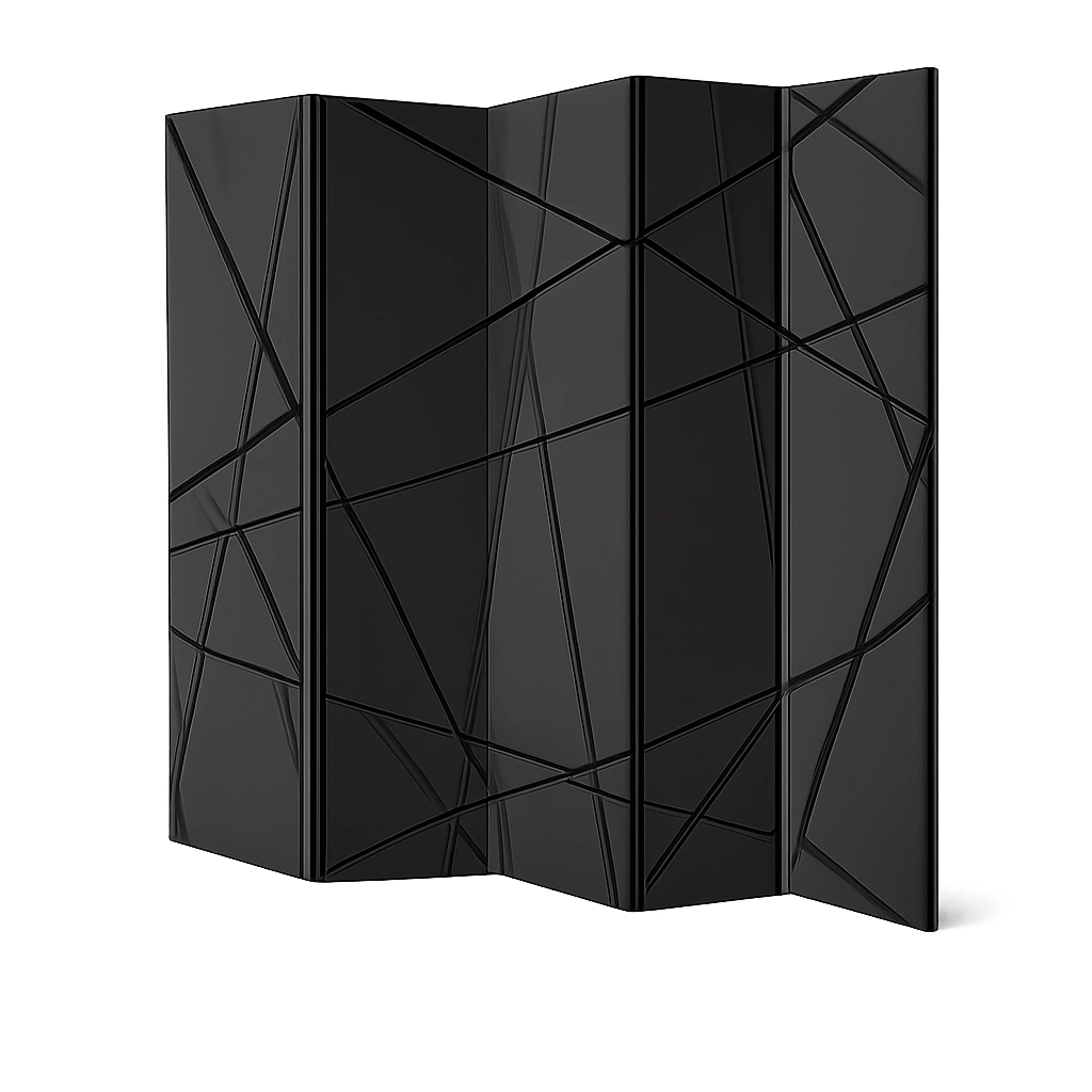 Moderner Paravent Raumteiler mit geometrischem Muster, 225x172 cm, 5-teilig, Grau/Schwarz