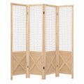 LIFEZEAL Raumteiler Paravent, 4-Panel Massivholzrahmen mit Metallgitter, Faltbare Trennwand Natur