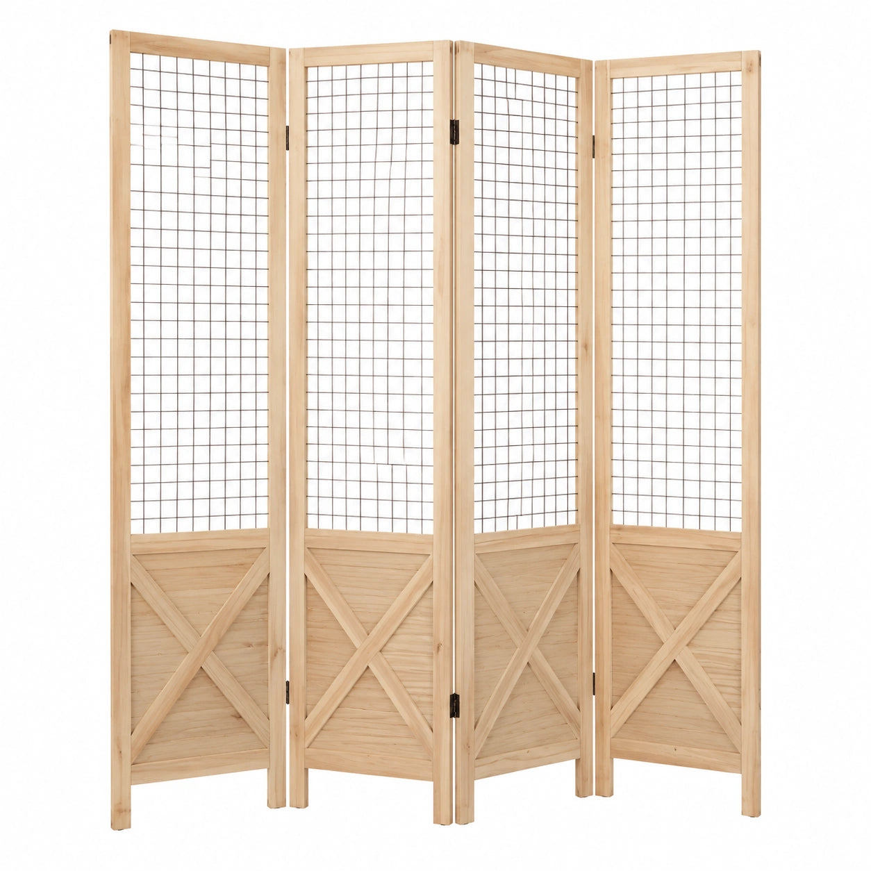 LIFEZEAL Raumteiler Paravent, 4-Panel Massivholzrahmen mit Metallgitter, Faltbare Trennwand Natur