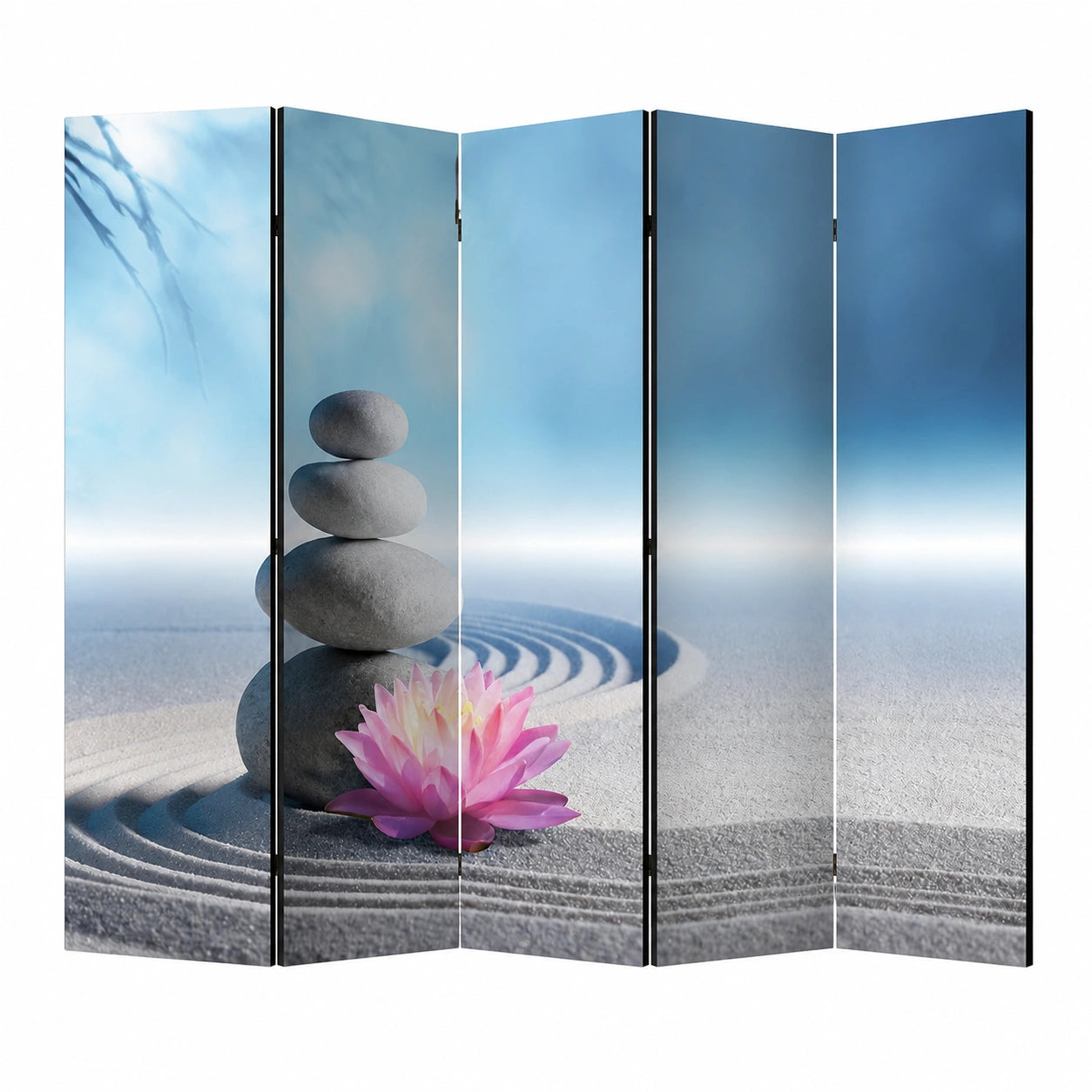 XXL Holz Paravent Raumteiler, Zen Spa Design, 225x172 cm, 5-teilig, blau-grau Rose