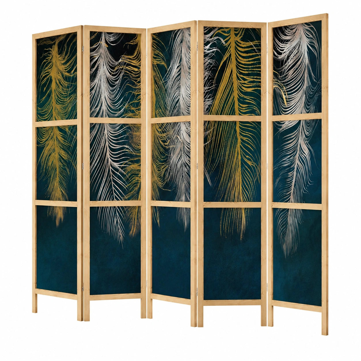 Moderner Raumteiler 5-teilig mit Feder-Design aus Holz 225x172 cm